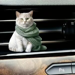 Cool 3D White Tabby Cat With Scarf Car Air Freshner Vent Clip